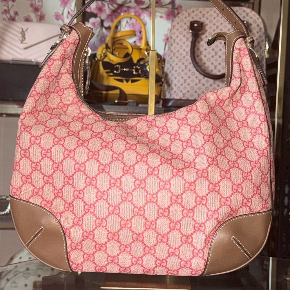 Gucci Pink Monogram Crescent Shoulder Bag with Brown Trim